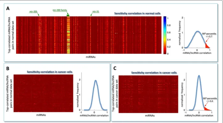 Figure 2 Sensitivity analysis. Heat-map representing the sensitivity correlation S, computed using: A) the normal expression data for the top-correlated mRNA/lncRNA pairs (N = 87398) in the normal dataset