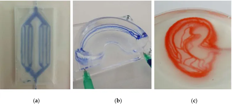 Figure 2. Photographs of the fabricated hydrogel microfluidic devices in increasing levels of complexity