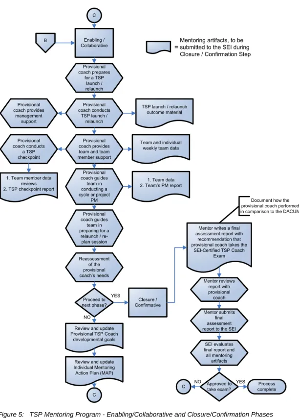 Figure 5:  TSP Mentoring Program - Enabling/Collaborative and Closure/Confirmation Phases BEnabling / CollaborativeClosure / ConfirmativeTSP launch / relaunch outcome material