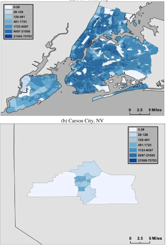 Figure 3.1. Census Tracts of New York City and Carson City, NV  (a) New York City