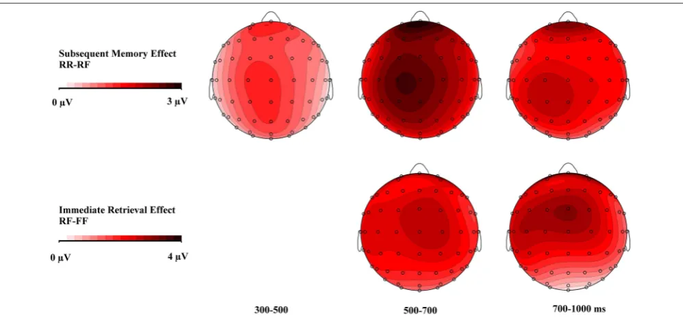 FIGURE 4 | Topographical maps showing the scalp distributions of the subsequent memory effect (RR-RF) and the immediate retrieval effect (RF-FF).The subsequent memory effect started at an earlier time window (300–500 ms)
