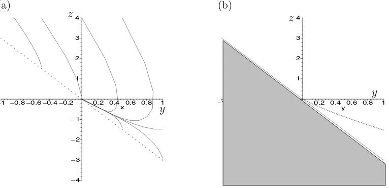 Figure 7. (a) Typical phase paths for the system (7.18) (in this case ν = 1/20); (b) typical null-clines(dotted lines) and line of singularity (solid line) for the system (the forbidden region of the phaseplane is shaded).