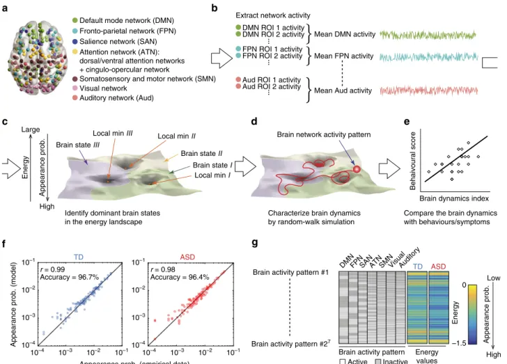 Figure 1 | Procedures of energy-landscape analysis. (a–e) We ﬁrst extracted resting-state fMRI signals from 214 whole-brain ROIs 30 (a), classiﬁed the ROIs into seven functionally different brain systems 30 and calculated their average network activity (b)