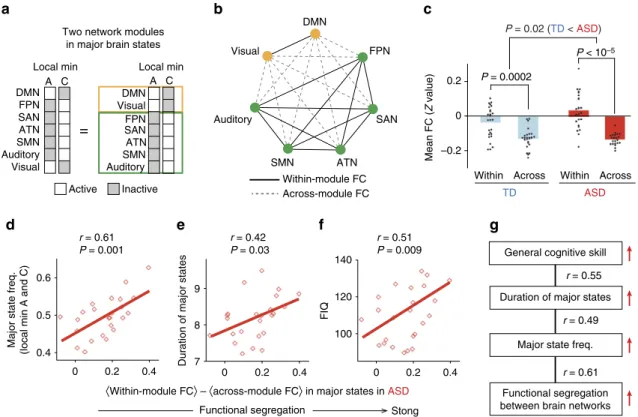 Figure 7 | Across-network functional segregation during major brain states in autism. (a–c) We assumed that the stability of the major states should be underpinned by functional segregation between a DMN/Visual module and an FPN/SAN/ATN/SMN/Auditory module