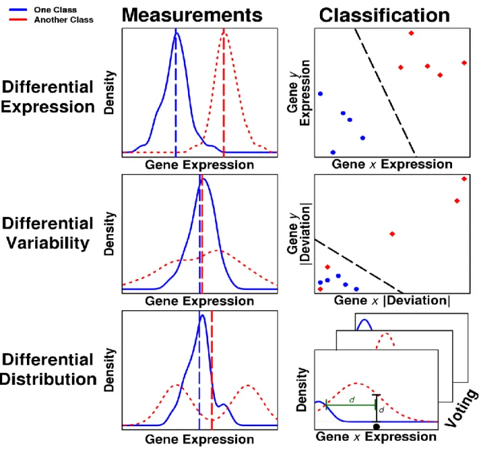Figure 3.1 Summary of feature types and classifiers. For each of differential expression,  differential variability, and differential distribution, a representative gene expression distribution  is shown, along with an illustration of the classification pr