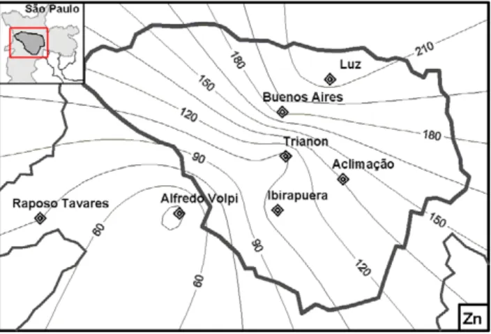Fig. 8. Distribution map of Zn in public parks of São Paulo (mg.kg –1 ) 