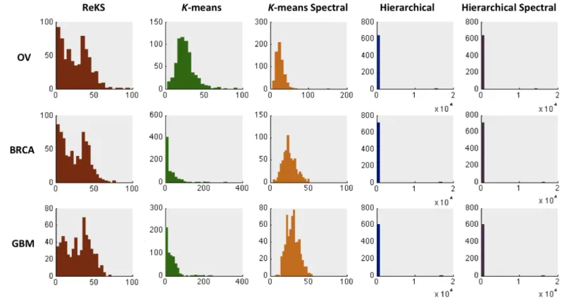 Figure 2.3 Distribution of cluster sizes produced by ReKS and by other methods 