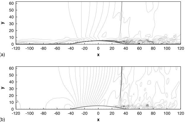 Fig. 3. Instantaneous views of (a) Mach number (max ¼ 1.18, min ¼ 0.0), and (b) pressure (max ¼ 0.54, min ¼ 0.30).