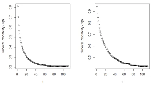 Figure 3.3: S(t) Plots, Failures at t = 0 (left) and t = 20 (right). Please note that the scale of each graph is different.