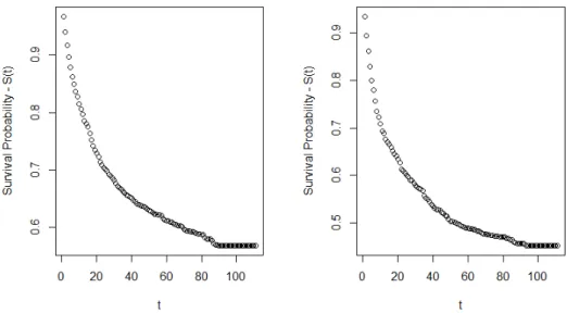 Figure 3.4: S(t) Plots, Censoring at t = 34 (left) and t = 77 (right). Please note that the scale of each graph is different.