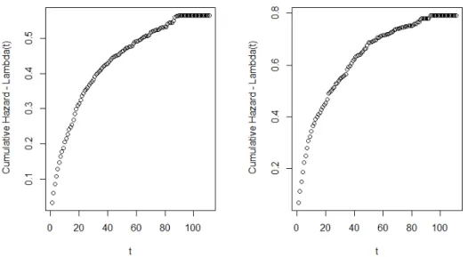 Figure 3.6: Λ(t) Plots, Censoring at t = 34 (left) and t = 77 (right). Please note that the scale of each graph is different.