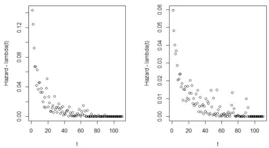 Figure 3.7: λ(t) Plots, Failures at t = 0 (left) and t = 20 (right). Please note that the scale of each graph is different.