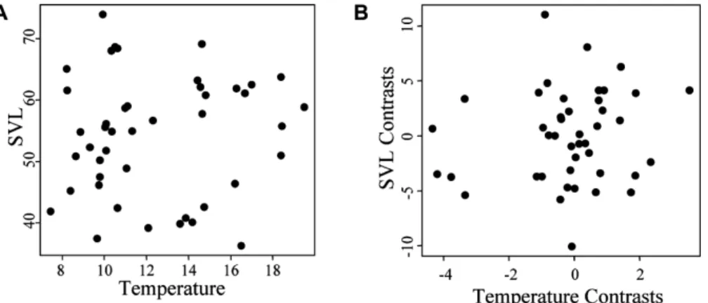 Figure 3. Among species relationship for modal body size and mean temperature for 44 species of eastern Plethodon using (A) uncorrected data (F = 0.2014, df = 1, 42, P = 0.6559), and (B) phylogenetically independent contrasts (F = 0.9026, df = 1, 42, P = 0