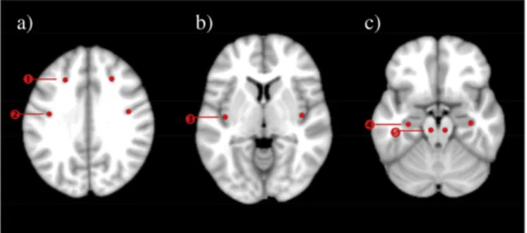 Fig. 3. ROI placement for ADC measurements in a) superior frontal sulcus ROI, postcentral sulcus ROI; b) insular gyrus ROI; c) hippocampal ROI, brainstem ROI.