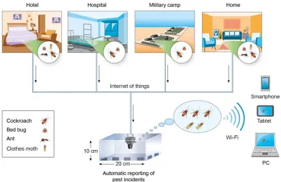 Fig. 2: Surveillance of urban, crawling insects in the context of smart-cities. Residential accounts, food processing plants, military camps and hospitals are some of the main locations that can be monitored independently or as part of a regional/country n