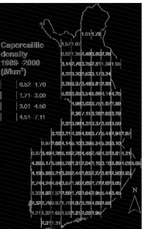 Fig.  2.  Average  capercaillie  densities  (ind.  km –2 )  during 1989–2000 in Finland within the 50 km ¥ 50 km  squares.