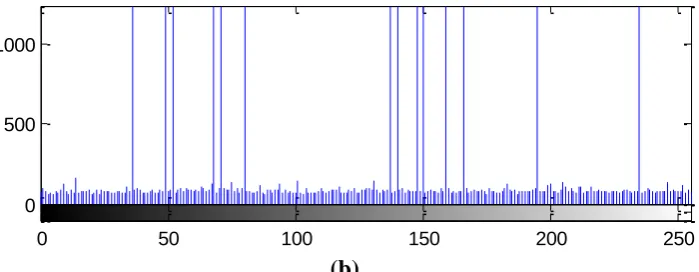 Figure 10. (a) Histogram of the original Speech quantized Image, (b)  (b) Histogram of the Encrypted Speech quantized Image  