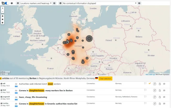Figure 10. Map of locations mentioned in articles about possible cases of COVID-19 among workers in Germany