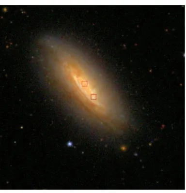 Figure 3.8: SDSS galaxy: ra, dec = (179.714, 42.7187), z = 0.0019. The red squares show peaks identified by the pair-extraction code; since there are two peaks our procedure incorrectly concludes that there are two neighbouring galaxies.