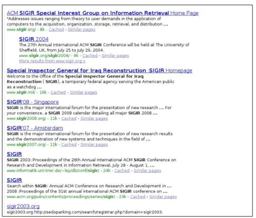 Figure 1.1: A result page example from a commercial search engine obtained in response to the query “SIGIR” on October 9, 2008.