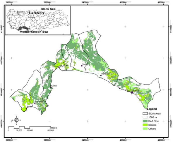 Figure 1. Map of the study area (showing only the altitudes up to 1000 m).