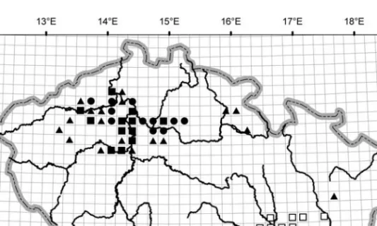 Fig. 4. Distribution of the communities of Fumario-Euphorbion in the Czech Republic. 䊉 Stachyo-Setarietum;
