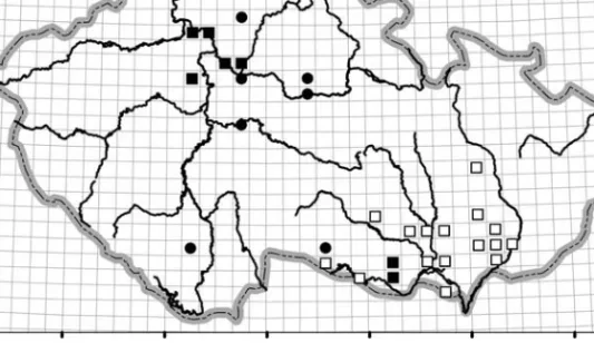 Fig. 9. Distribution of the communities of Panico-Setarion in the Czech Republic. 䊉 Echinochloo-Setarietum viridis; 䊏 Echinochloo-Setarietum pumilae (including data from 䊐 Lososová 2004).