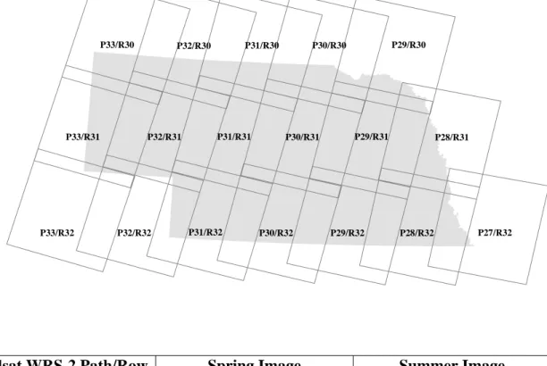 Figure 2.2 Landsat TM WRS-2 Path/Row coordinates and scene dates used for the NE-GAP land cover map