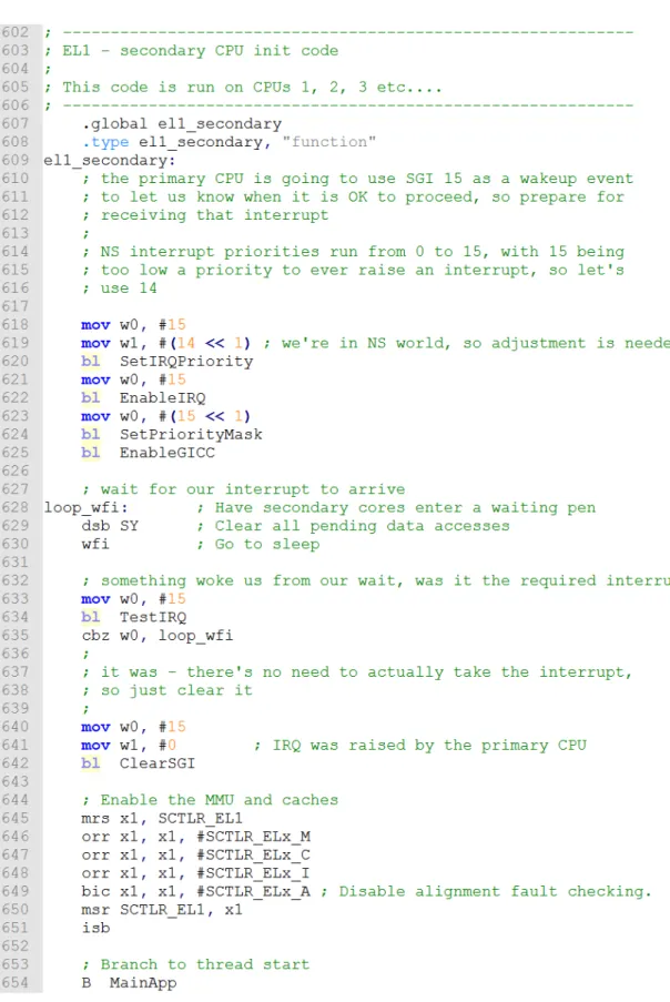 Figure 5: Code snippet provided by ARM to initialize secondary cores in a bare-metal debug setup.