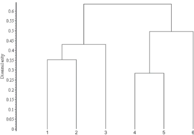 Figure 4: Hierarchical classification of the subassociations  of the associations Omphalodo vernae-Aceretum (syntaxons  1, 2, 3) and Chrysanthemo macrophylli-Aceretum (syntaxons  4, 5, 6) in Slovenia (numbers of syntaxons correspond with  numbers of syntax