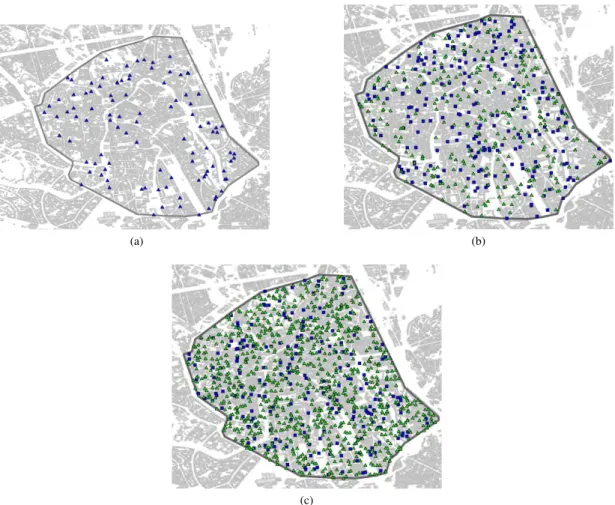 FIGURE 1. Distribution of users for a) 100 Voice/Data users at 1Mpbs-10Mbps b) 224 Voice/Data users+300 IoT Nodes at 10kbps c) 224 Voice/Data users+ 1000 IoT Nodes at 25kbps