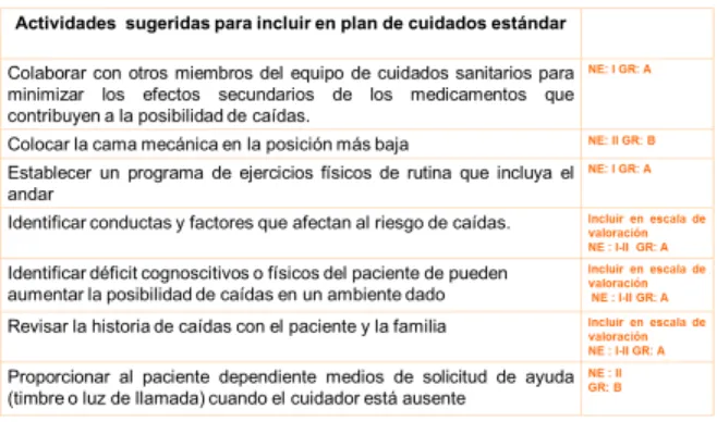 Fig. 4: Actividades incluidas en el plan de cuidados por el panel de expertos, asignación de evidencia 