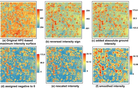 Fig. 6. An example of rescaling original HPC-based maximum intensity surface to generate a CHM-like surface