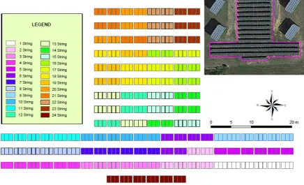 Figure 2 - Aerial photograph and string distribution of the 108 kWp PV plant implemented