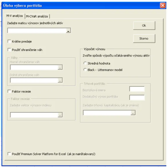 Figure 1: Input dialog box for mean  - variance analysis 