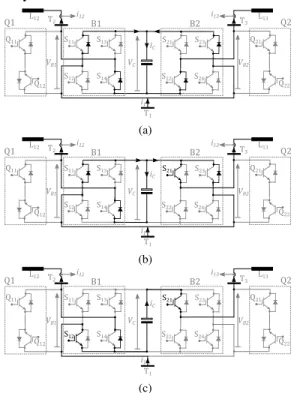 Fig. 3. Operational stages of a 2B-CFC under the CC mode: (a) Charge mode 1; (b) charge mode 2; (c) discharge mode.