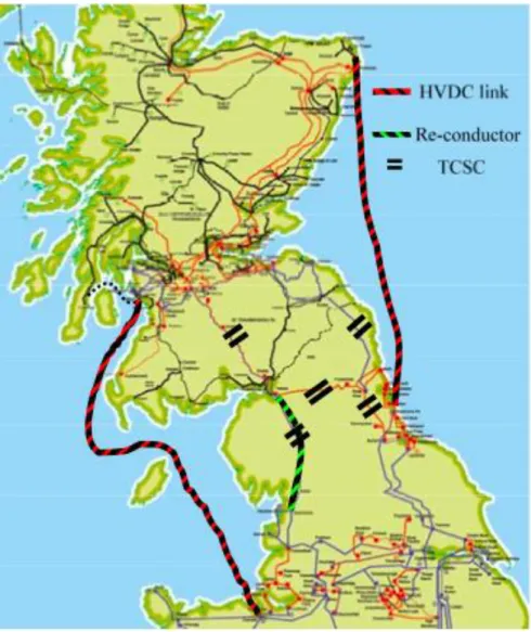 Figure  1.3  summarises  the  proposed  locations  of  the  TCSC  and  the  new  HVDC  link,  which  is  the  prototype  of  the  GB  future  electric  power  transmission  network  (vision  2020/2030) [4, 5]