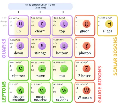 Figure 1.1: Schematic overview of the particle content within the SM. Fundamental particles include fermions, further subdivided in quarks and leptons, and fundamental bosons, including the force mediators and the Higgs boson