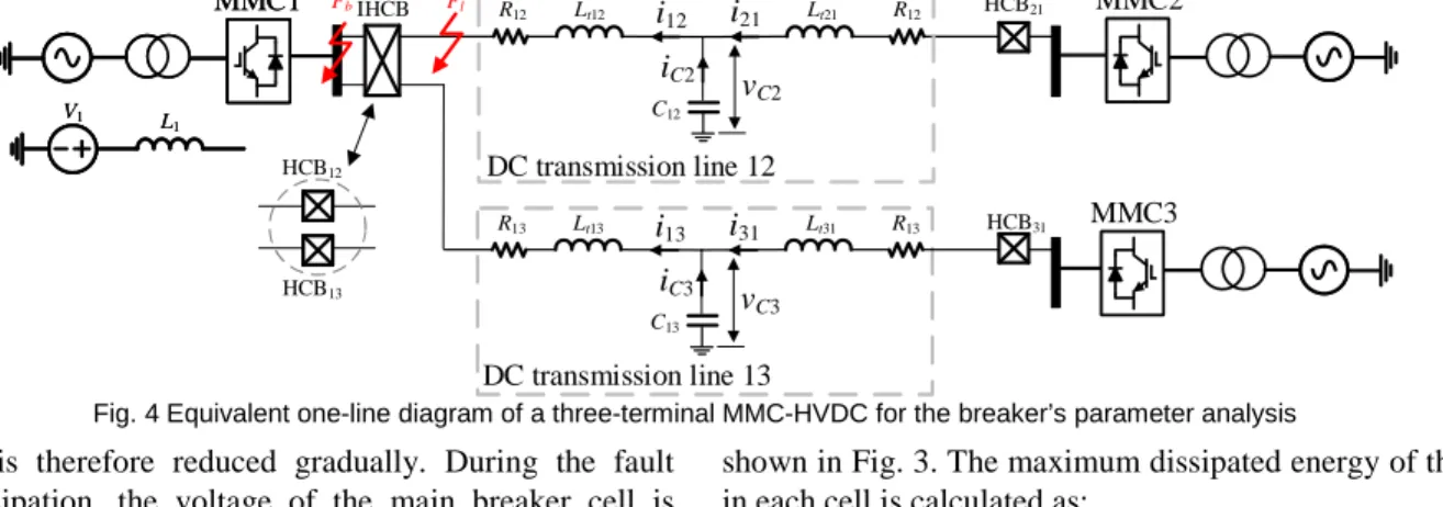 Fig. 4 Equivalent one-line diagram of a three-terminal MMC-HVDC for the breaker’s parameter analysis 