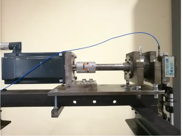 Figure 1. Test rig. From left to the right: the electric motor, the elastic coupling, the main shaft, its support, and the custom case with the bearing under test