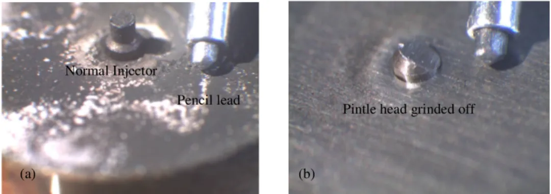 Fig. 4 Graphical illustration of the simulated injector fault; (a) normal injector head; (b) pintle head partly grinded off 