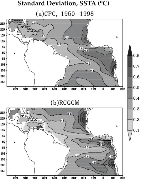 Fig. 3: The spatial structure of the standard deviation of theseasonal mean SST anomalies from (a) U.S