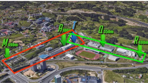 Figure 5. Aerial view of the Campus of Elviña, with the areas delimited for smart campus applications (Source: c 2019 Google).