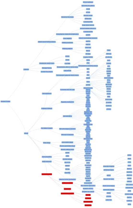 Figure 2.2: A tree diagram providing an overview of the field of metabolic modelling. Red nodes represent techniques and software introduced in this thesis: Biased structure detection techniques by combining Monte-Carlo simulations, visualisations and unsu