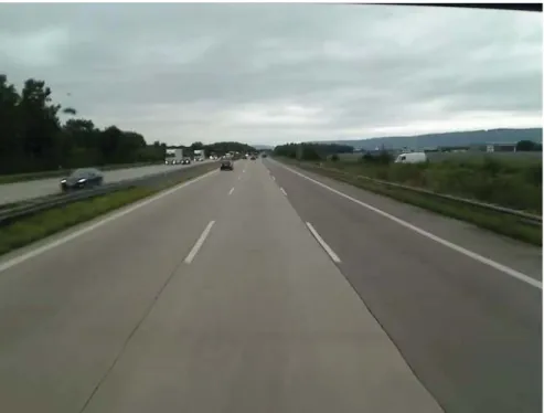 Figure 6 Screenshot from Front View Camera Recording. In this situation with three  lanes, the lanes are identified with indexes from 0, the leftmost lane, to 2, the rightmost  lane.
