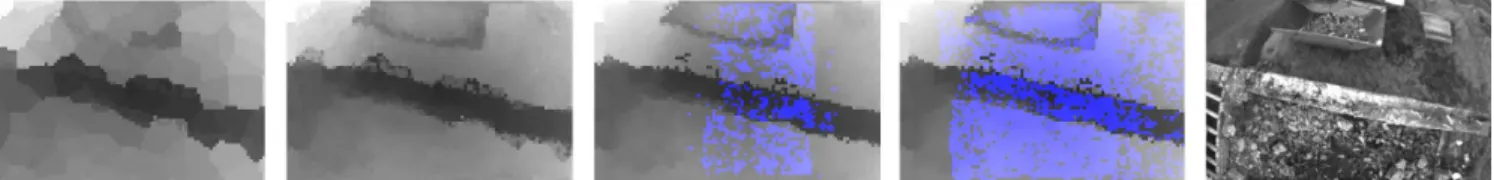 Fig. 5: Evolution of the depth map reconstruction process. The leftmost image shows the depth map after initialization from the sparse point cloud