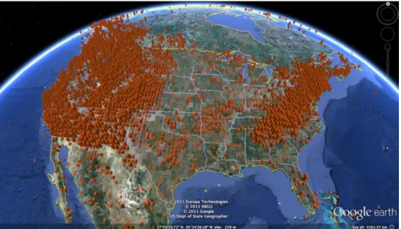 Figure 1.4: Wikipedia distribution of mountain in geotagged articles, plotted using Google Earth.