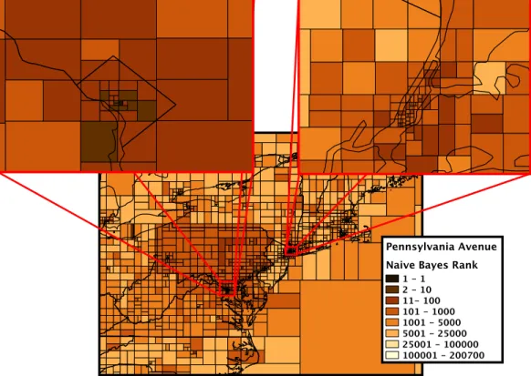 Figure 3.1: k-d tree grid construction. Relative Naive Bayes rank is shown for cells for E N W IKI 13 test document Pennsylvania Avenue (Washington, DC), surrounding the true location