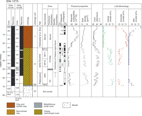 Figure F3. Lithologic summary for Site 1215. LAS = light absorption spectroscopy.