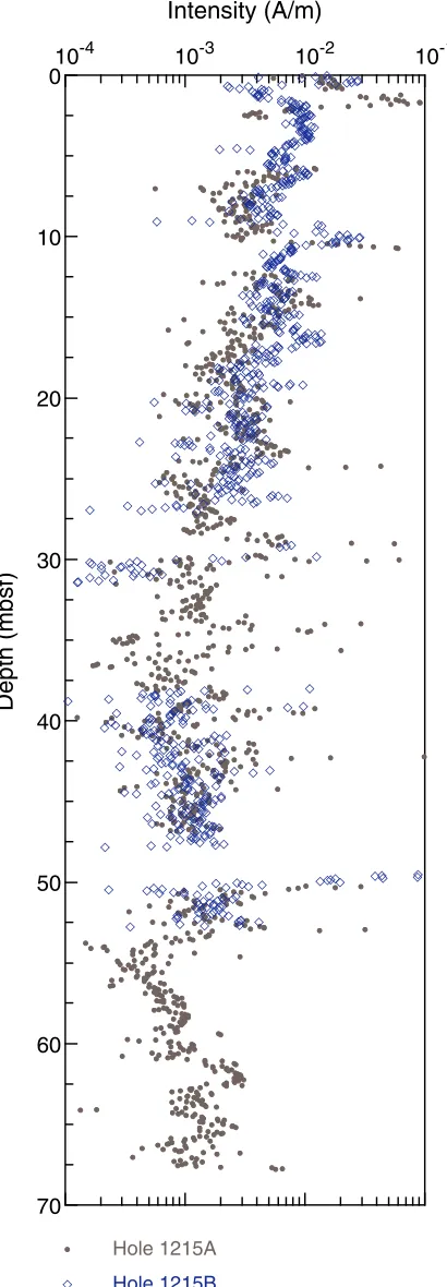 Figure F6. Archive-half magnetization intensities after AF demagnetization at a peak field of 20 mT forHoles 1215A and 1215B.